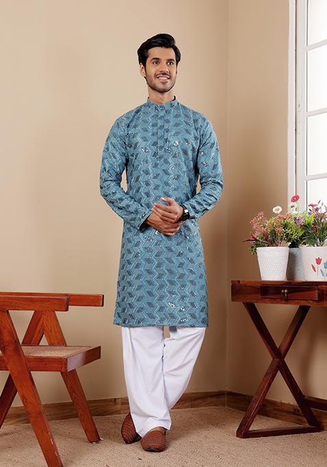 Cyan Blue Embroidered Viscose Kurta For Men