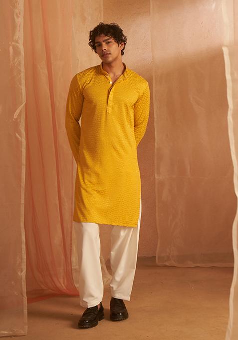 Yellow Embroidered Viscose Kurta For Men