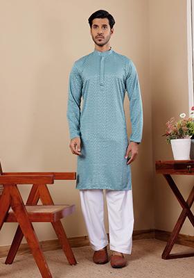 Light Cyan Blue Embroidered Viscose Kurta For Men
