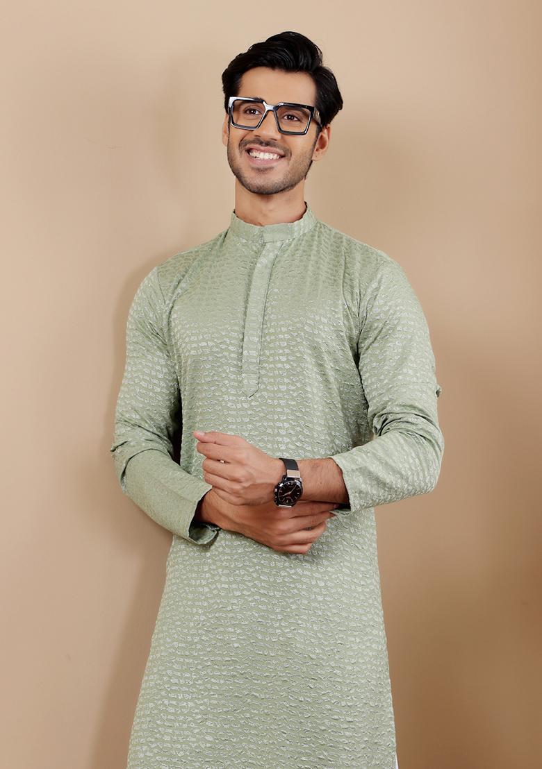 Pastel Green Embroidered Viscose Kurta For Men