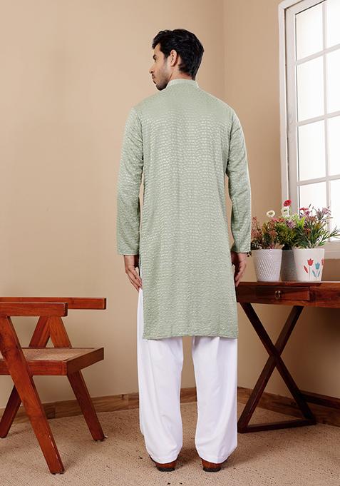 Pastel Green Embroidered Viscose Kurta For Men