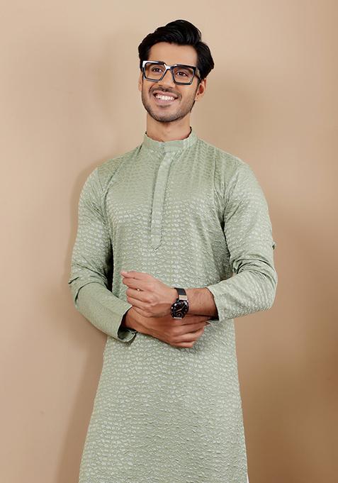 Pastel Green Embroidered Viscose Kurta For Men