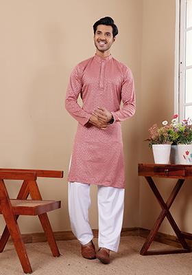 Onion Pink  Embroidered Viscose Kurta For Men