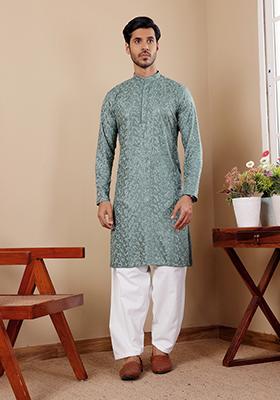 Green Embroidered Viscose Kurta For Men