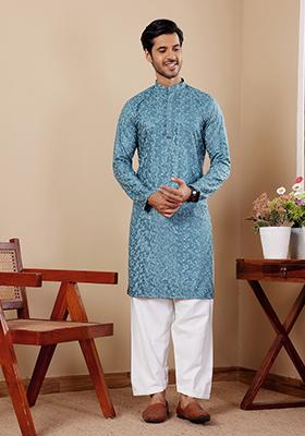 Cyan Blue Embroidered Viscose Kurta For Men