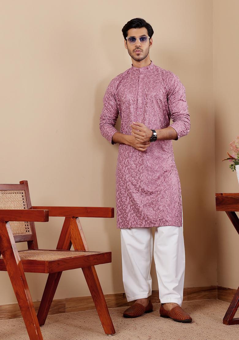 Pinkish Purple Embroidered Viscose Kurta For Men