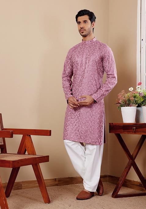Pinkish Purple Embroidered Viscose Kurta For Men