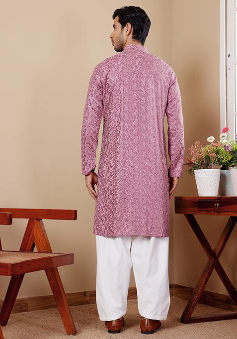 Pinkish Purple Embroidered Viscose Kurta For Men