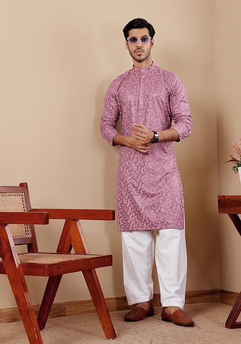 Pinkish Purple Embroidered Viscose Kurta For Men