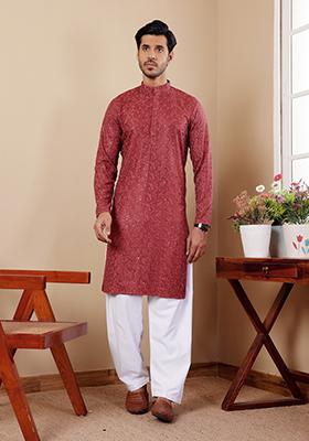 Berry Red Embroidered Viscose Kurta For Men