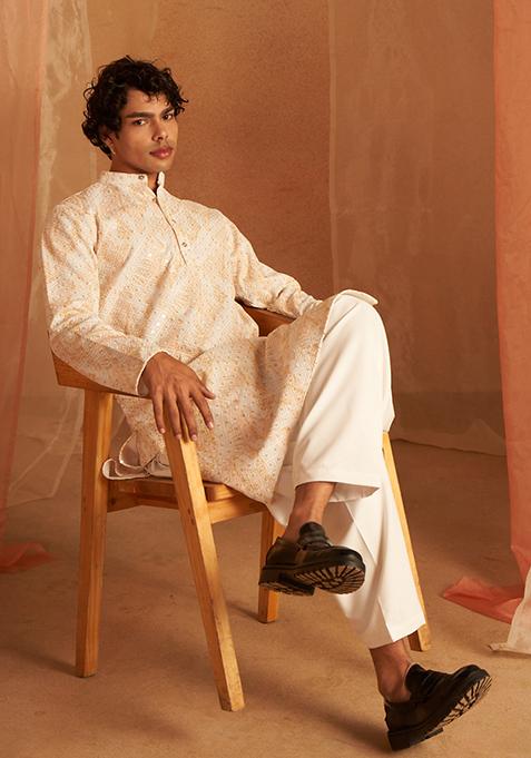 Yellow Embroidered Viscose Kurta For Men