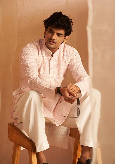 Pink Embroidered Viscose Kurta For Men
