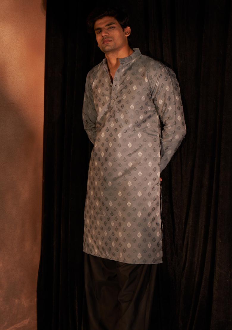 Bluish Grey Jacquard Viscose Kurta For Men