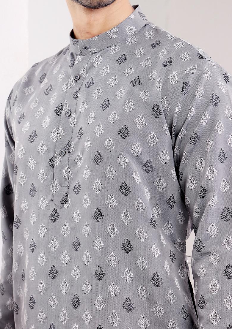 Bluish Grey Jacquard Viscose Kurta For Men