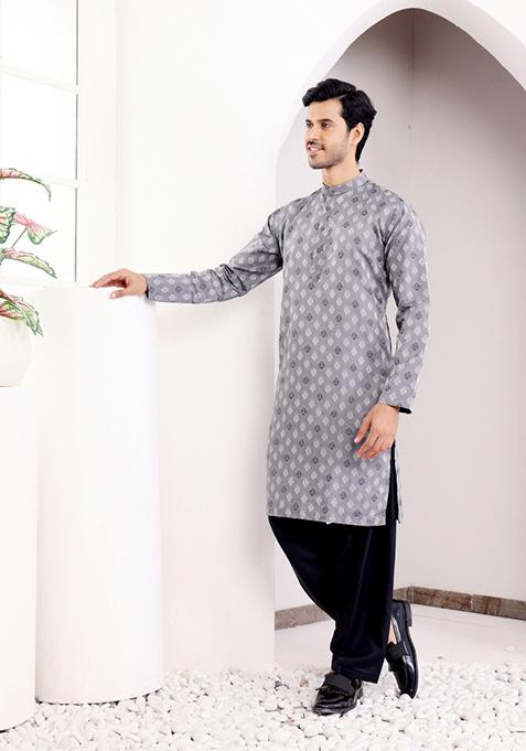 Bluish Grey Jacquard Viscose Kurta For Men