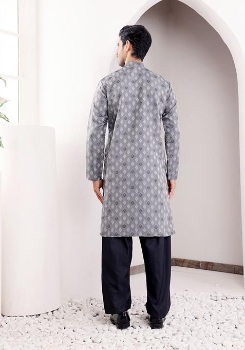 Bluish Grey Jacquard Viscose Kurta For Men