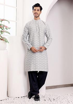 Light Grey Jacquard Viscose Kurta For Men