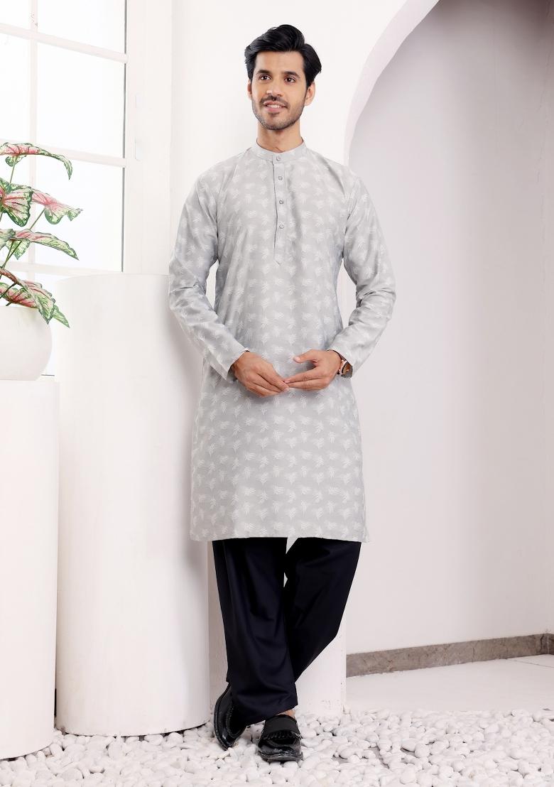 Light Grey Jacquard Viscose Kurta For Men