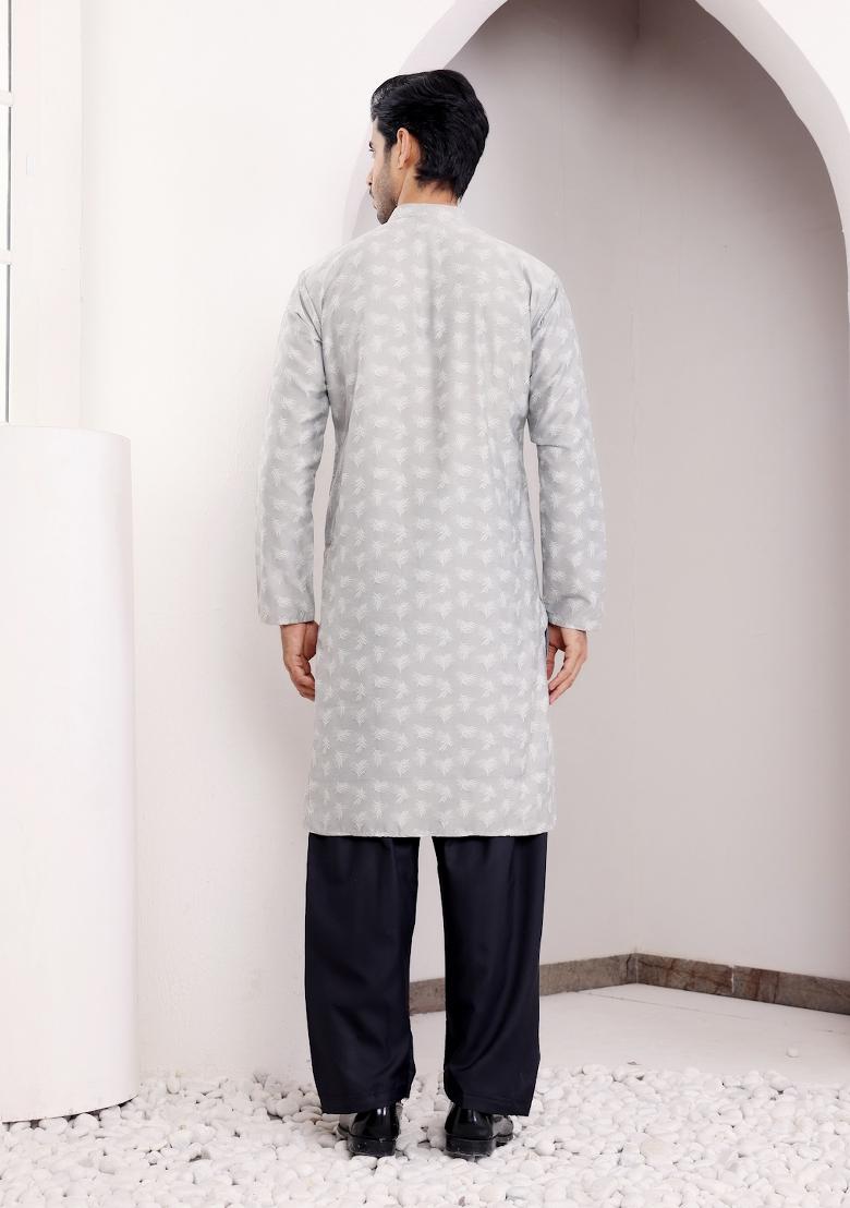 Light Grey Jacquard Viscose Kurta For Men