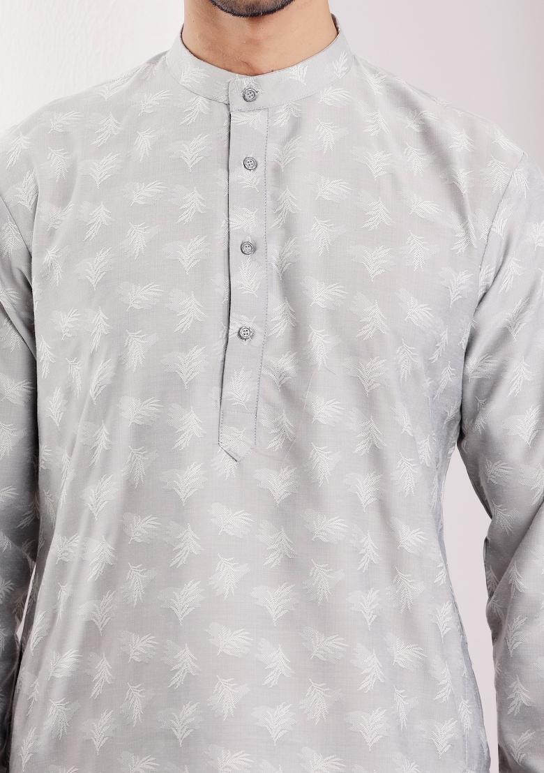 Light Grey Jacquard Viscose Kurta For Men - Indya