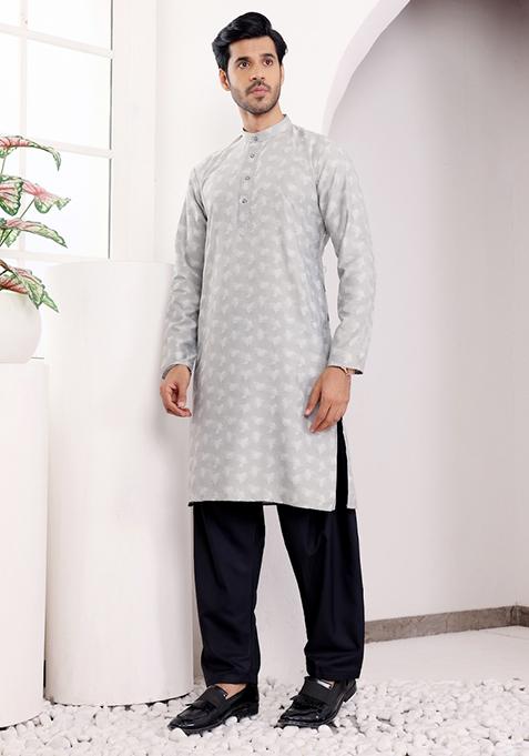 Light Grey Jacquard Viscose Kurta For Men