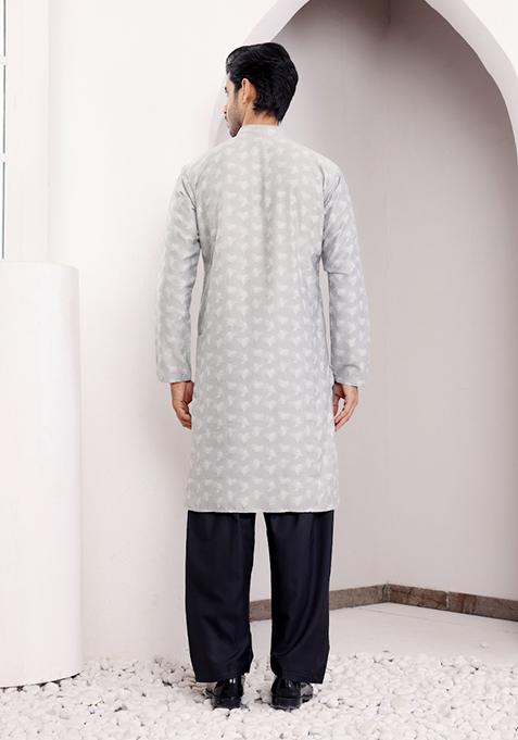 Light Grey Jacquard Viscose Kurta For Men