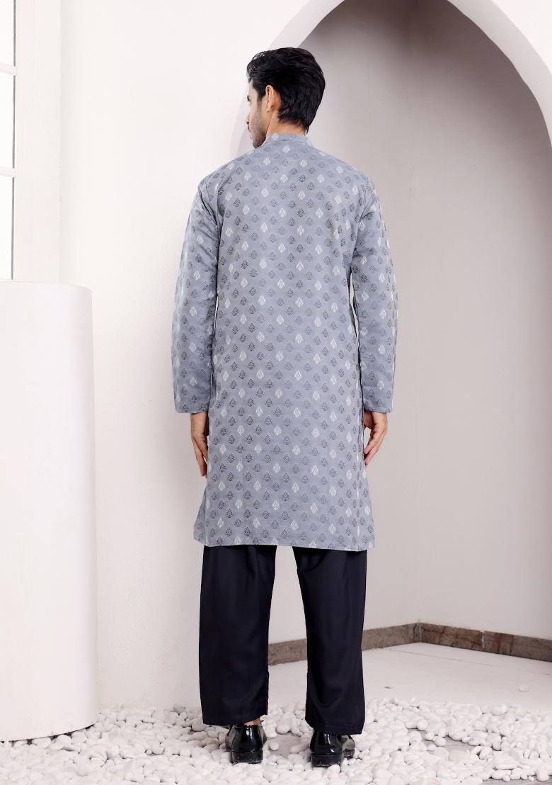 Greyish Blue Jacquard Viscose Kurta For Men
