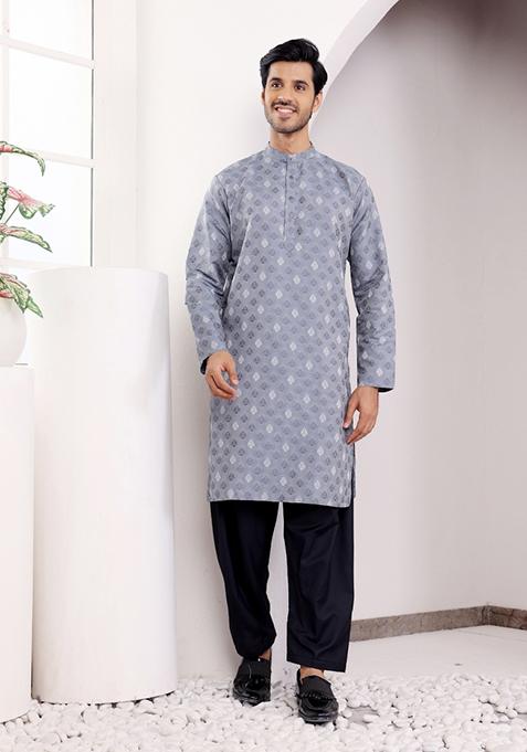 Greyish Blue Jacquard Viscose Kurta For Men