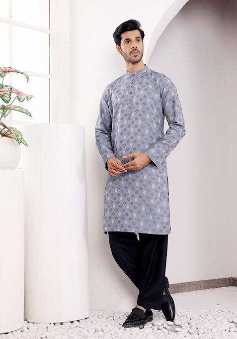 Greyish Blue Jacquard Viscose Kurta For Men
