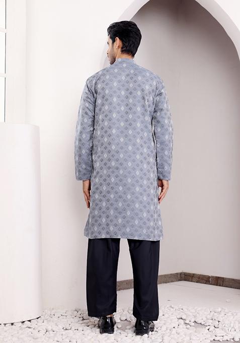 Greyish Blue Jacquard Viscose Kurta For Men