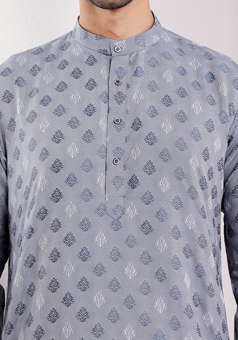 Greyish Blue Jacquard Viscose Kurta For Men