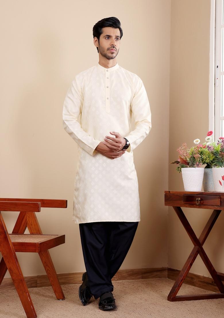 Off White Jacquard Viscose Kurta For Men