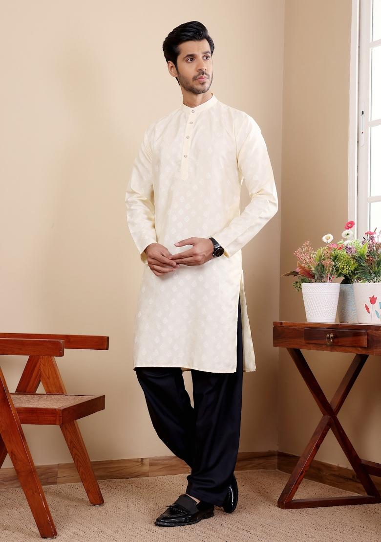 Off White Jacquard Viscose Kurta For Men