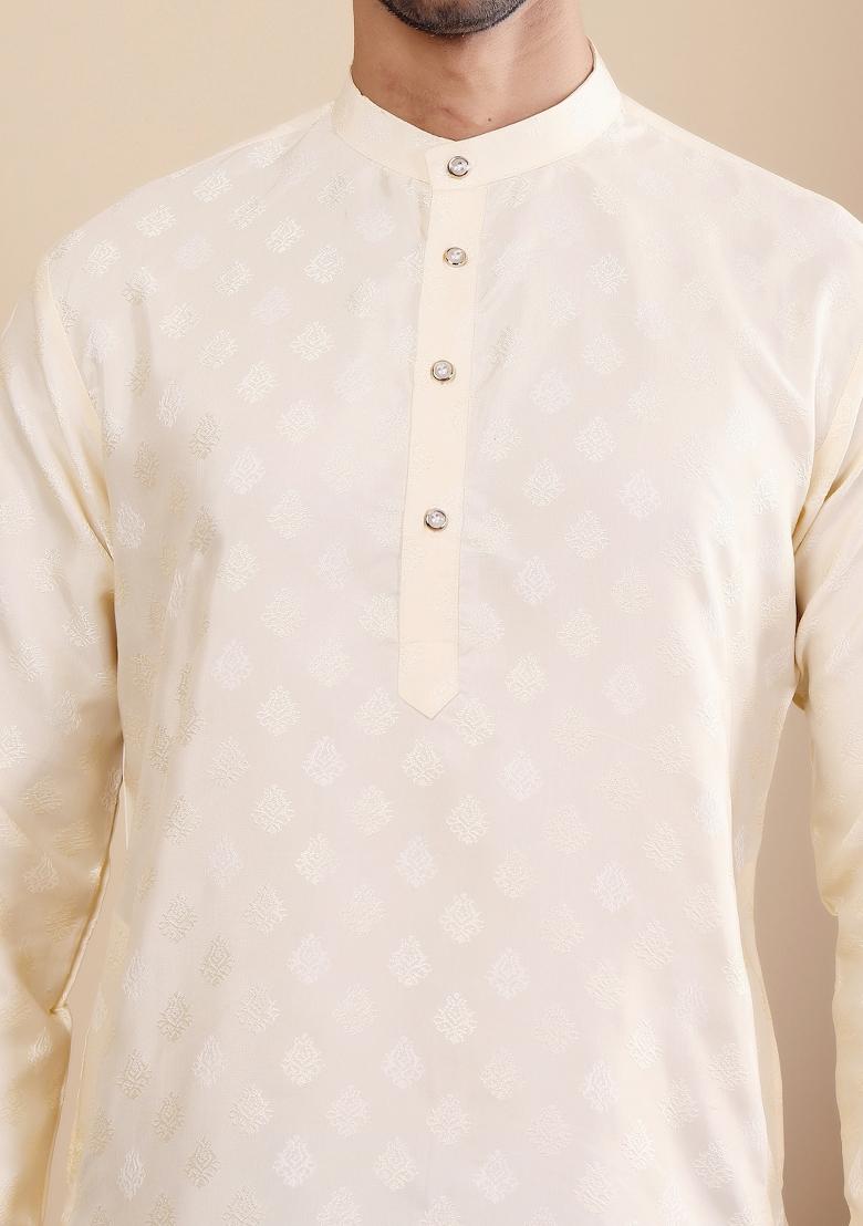 Off White Jacquard Viscose Kurta For Men - Indya