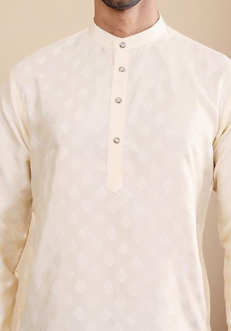 Off White Jacquard Viscose Kurta For Men