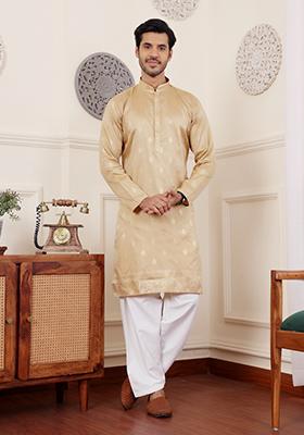 Chiku Brown Jacquard Viscose Kurta For Men