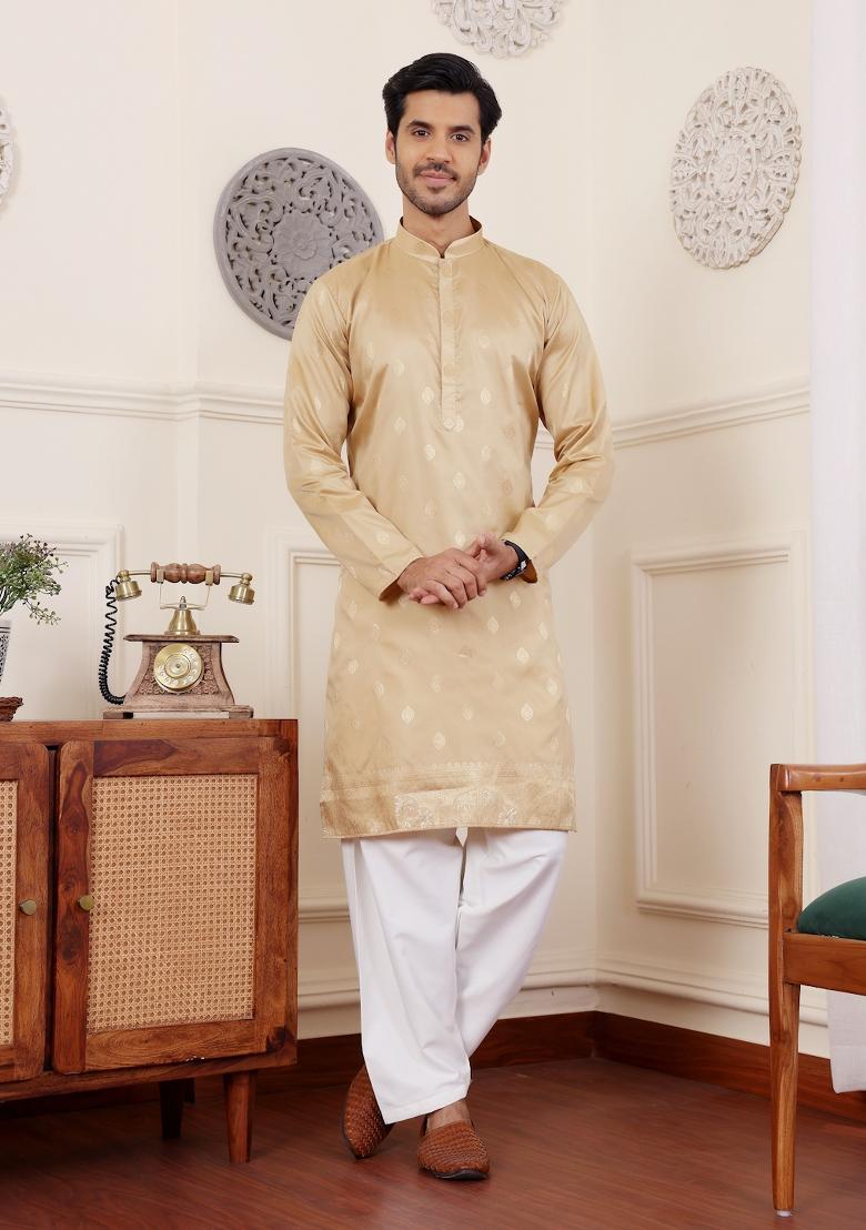 Chiku Brown Jacquard Viscose Kurta For Men