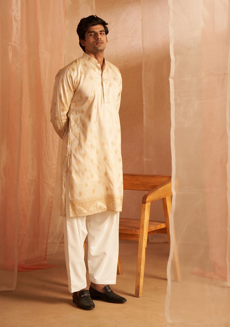 Light Cream Jacquard Viscose Kurta For Men