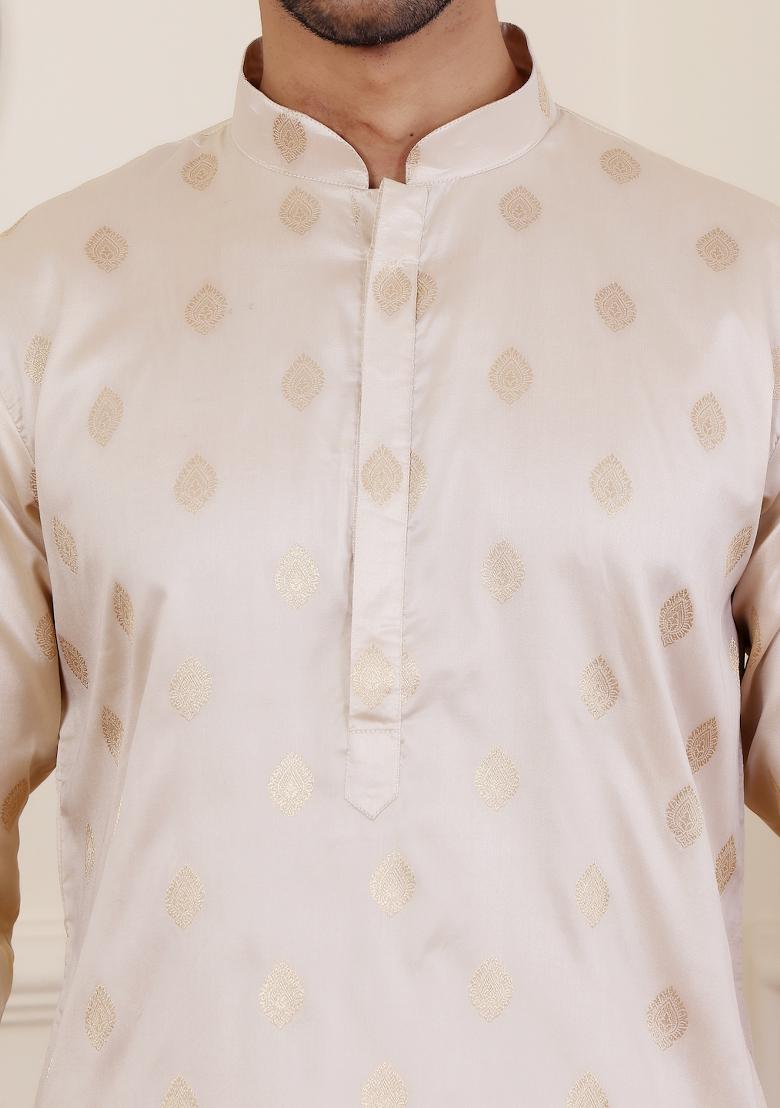 Light Cream Jacquard Viscose Kurta For Men - Indya