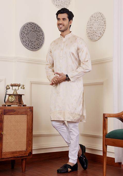 Light Cream Jacquard Viscose Kurta For Men