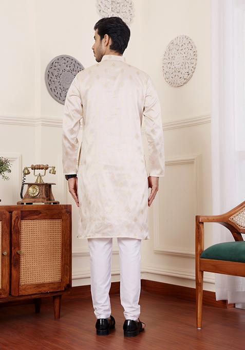 Light Cream Jacquard Viscose Kurta For Men