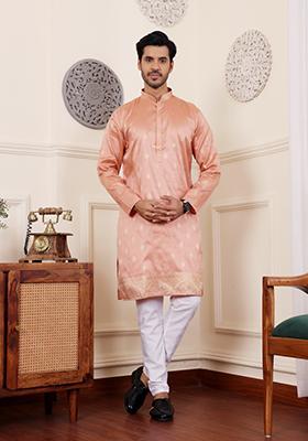 Coral Orange Jacquard Viscose Kurta For Men