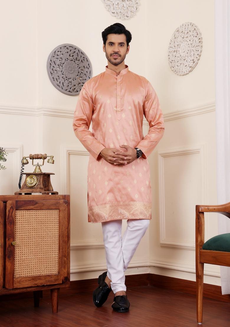 Coral Orange Jacquard Viscose Kurta For Men