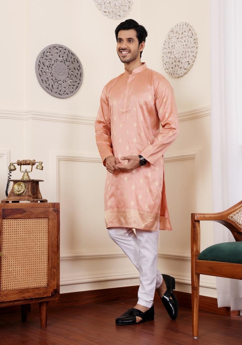 Coral Orange Jacquard Viscose Kurta For Men
