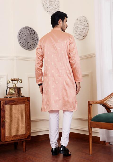 Coral Orange Jacquard Viscose Kurta For Men