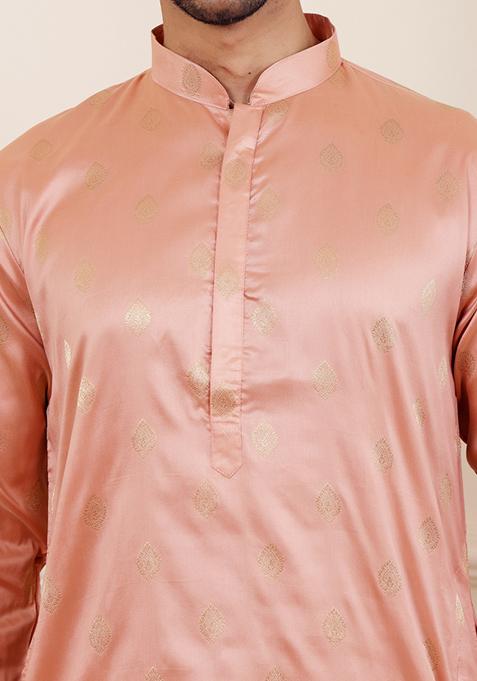 Coral Orange Jacquard Viscose Kurta For Men