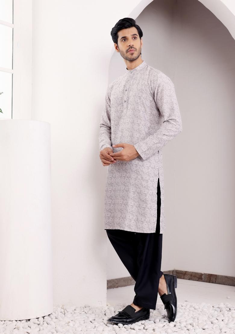 Light Grey Jacquard Viscose Kurta For Men