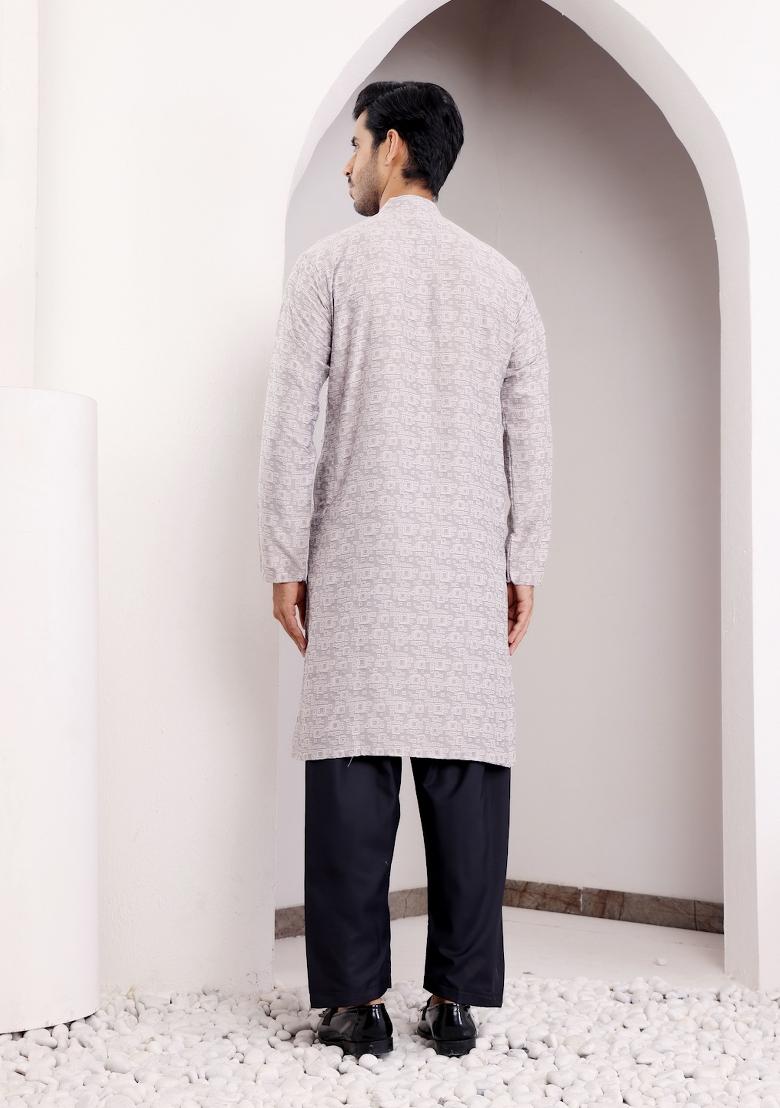 Light Grey Jacquard Viscose Kurta For Men