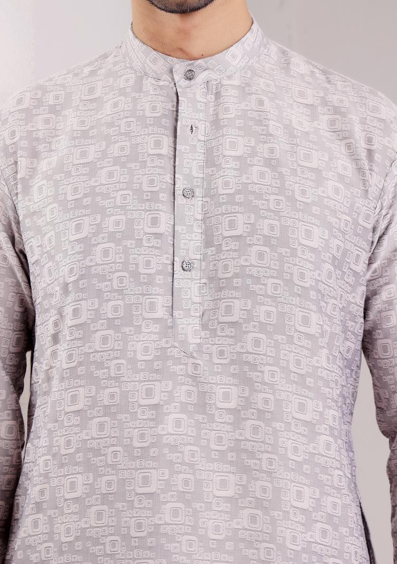 Light Grey Jacquard Viscose Kurta For Men - Indya