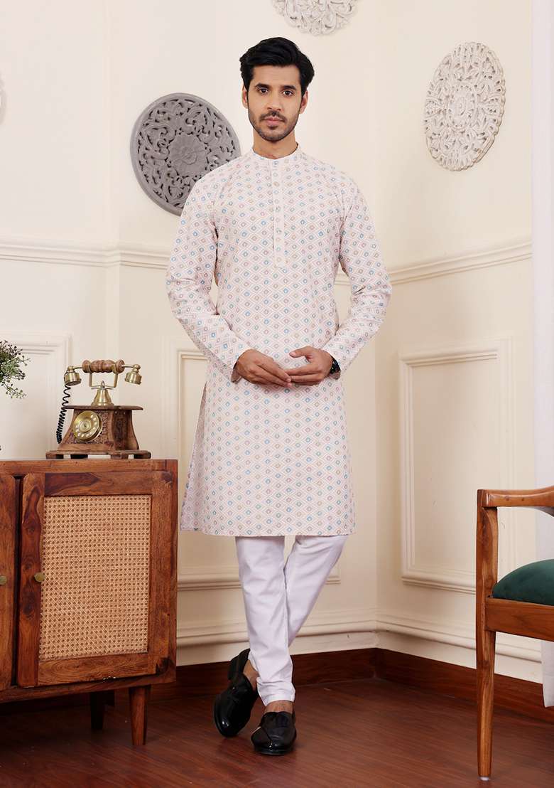 Cream Embroidered Viscose Kurta For Men - Indya